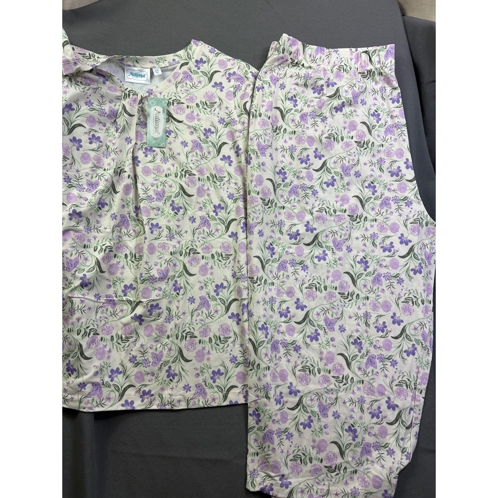 National Women Pajama Set 2X Purple Floral Short Sleeve Top Elastic Waist Pants